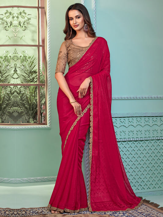 Women's Georgette Pink Embellished Designer Saree With Blouse Piece