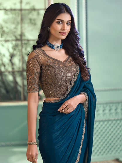 Women's Georgette Teal blue Embellished Designer Saree With Blouse Piece