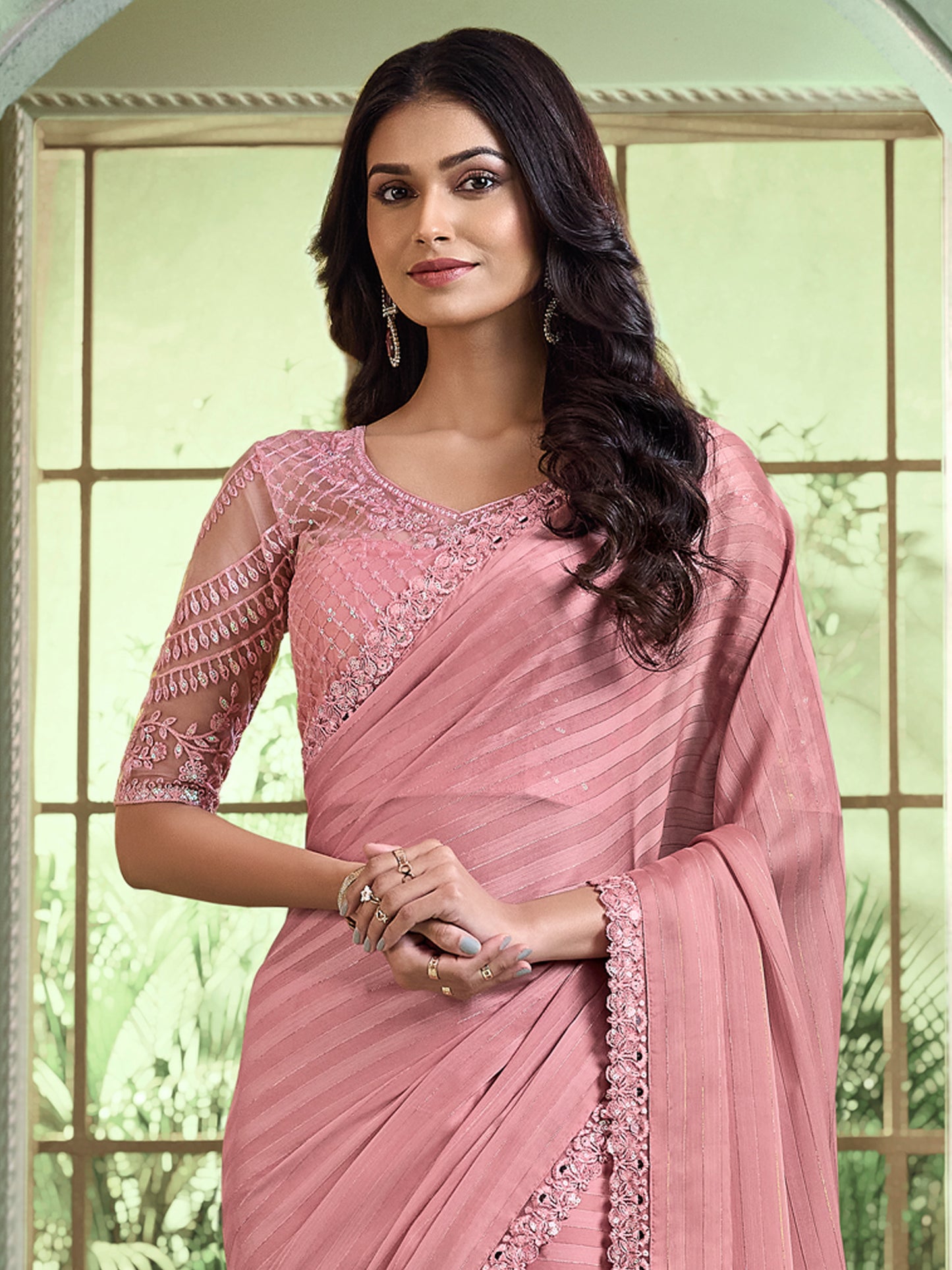 Women's Georgette Pink Embellished Designer Saree With Blouse Piece