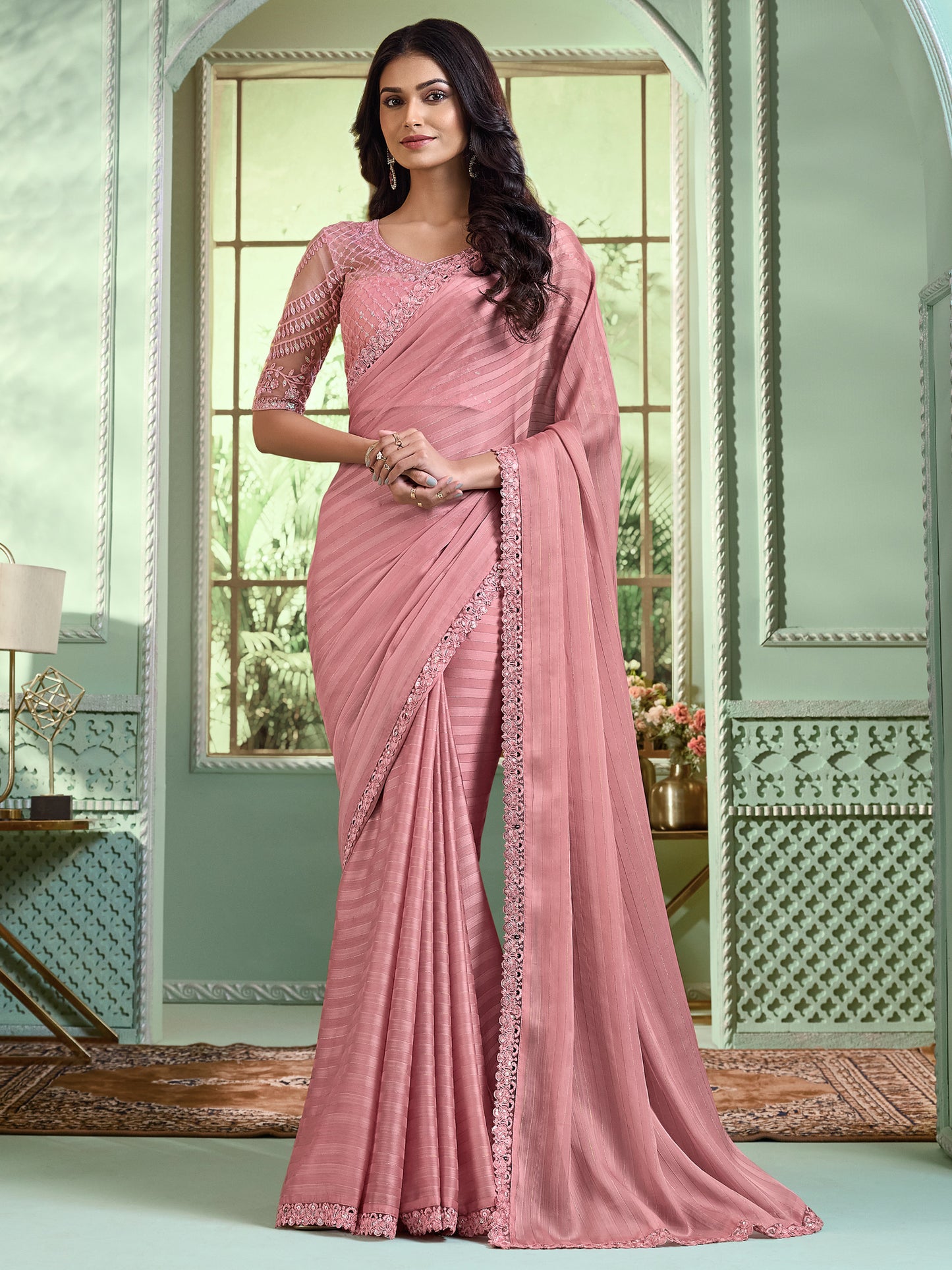 Women's Georgette Pink Embellished Designer Saree With Blouse Piece