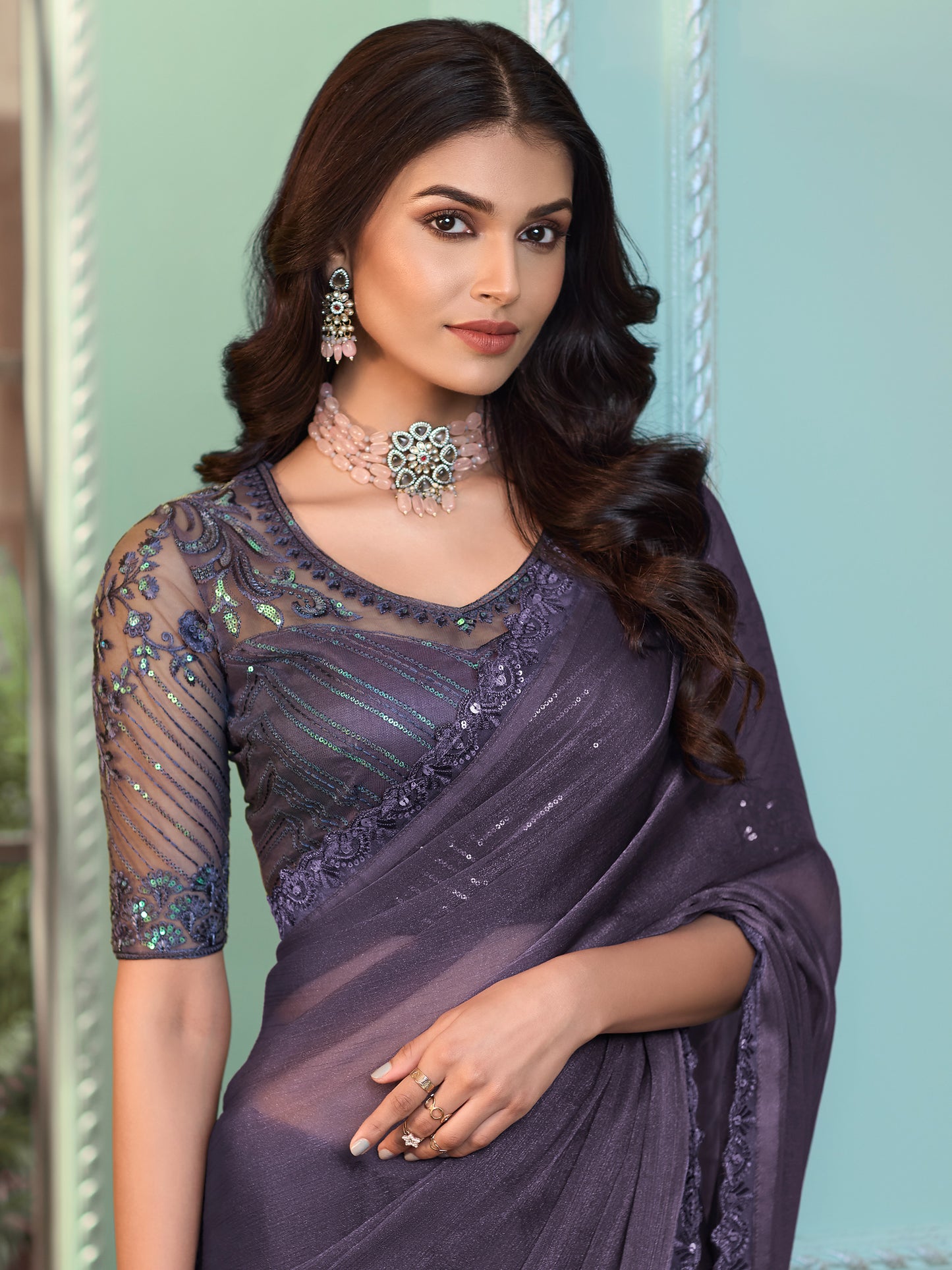 Women's Georgette Violet Embellished Designer Saree With Blouse Piece