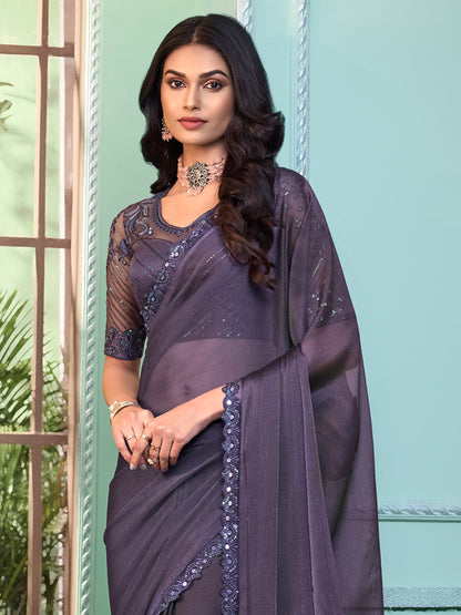 Women's Georgette Violet Embellished Designer Saree With Blouse Piece