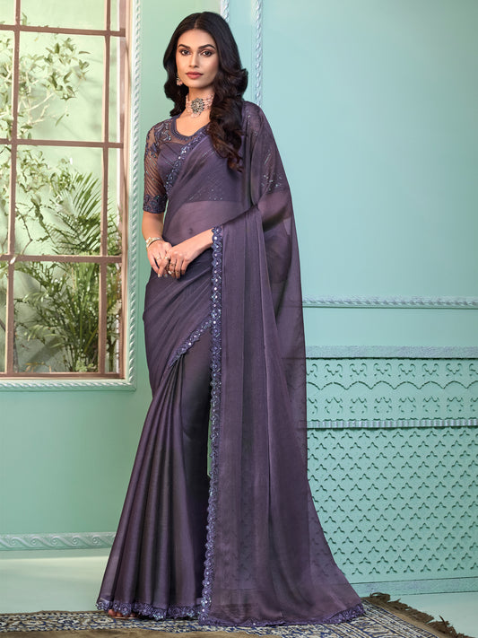 Women's Georgette Violet Embellished Designer Saree With Blouse Piece