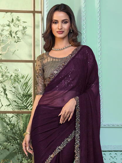 Women's Chiffon Purple Embellished Designer Saree With Blouse Piece