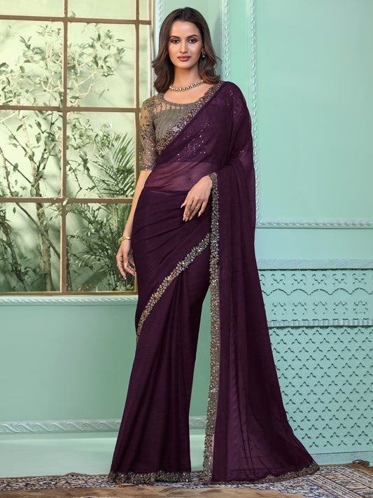 Women's Chiffon Purple Embellished Designer Saree With Blouse Piece