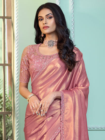 Women's Georgette Pink Embellished Designer Saree With Blouse Piece