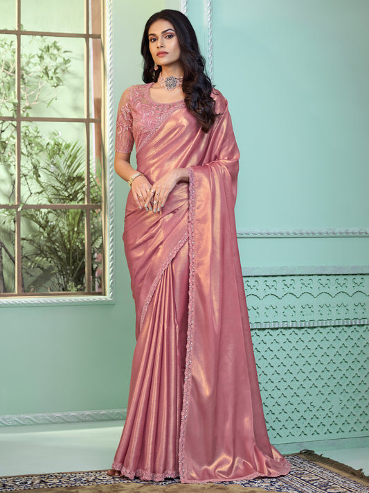 Women's Georgette Pink Embellished Designer Saree With Blouse Piece