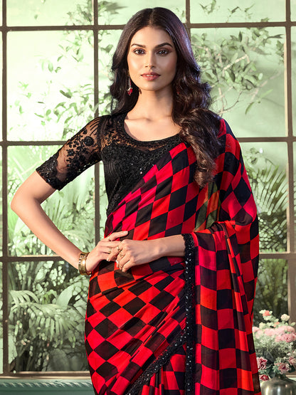 Women's Chiffon Orange Embellished Designer Saree With Blouse Piece