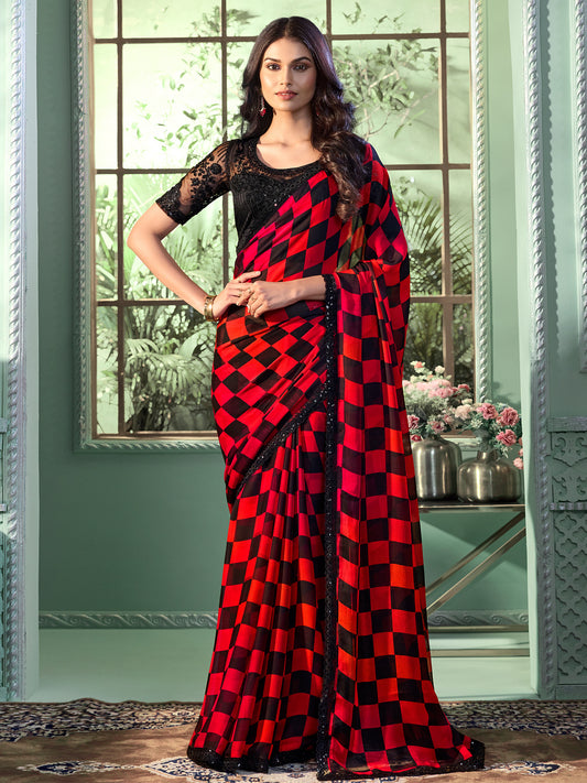 Women's Chiffon Orange Embellished Designer Saree With Blouse Piece