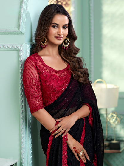 Women's Chiffon Black Embellished Designer Saree With Blouse Piece