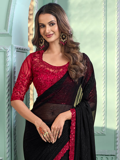 Women's Chiffon Black Embellished Designer Saree With Blouse Piece