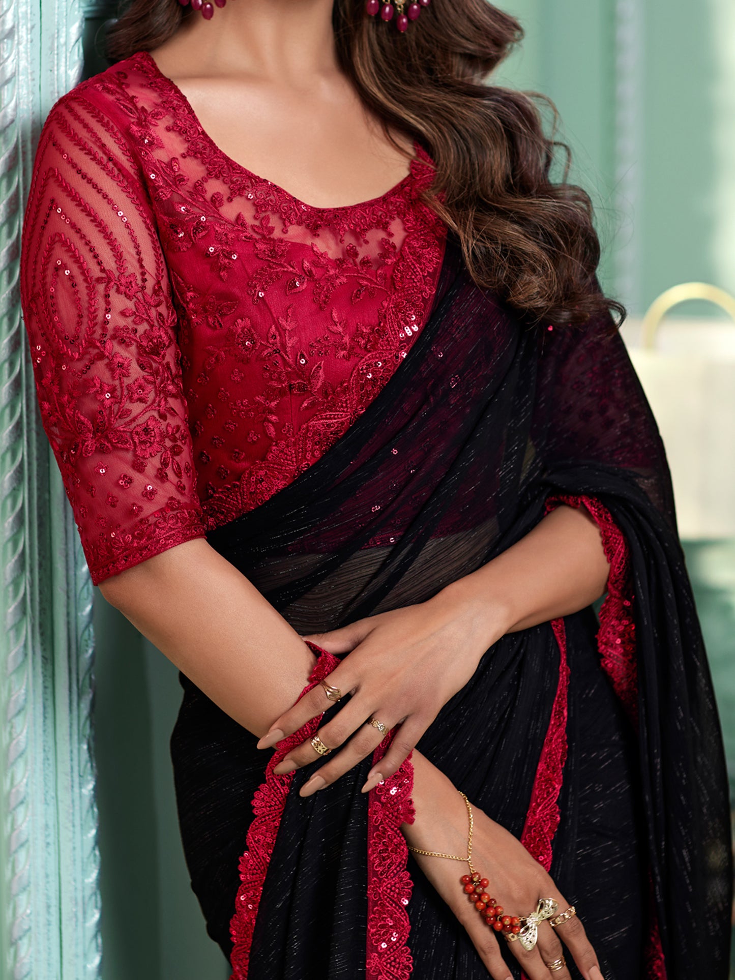 Women's Chiffon Black Embellished Designer Saree With Blouse Piece