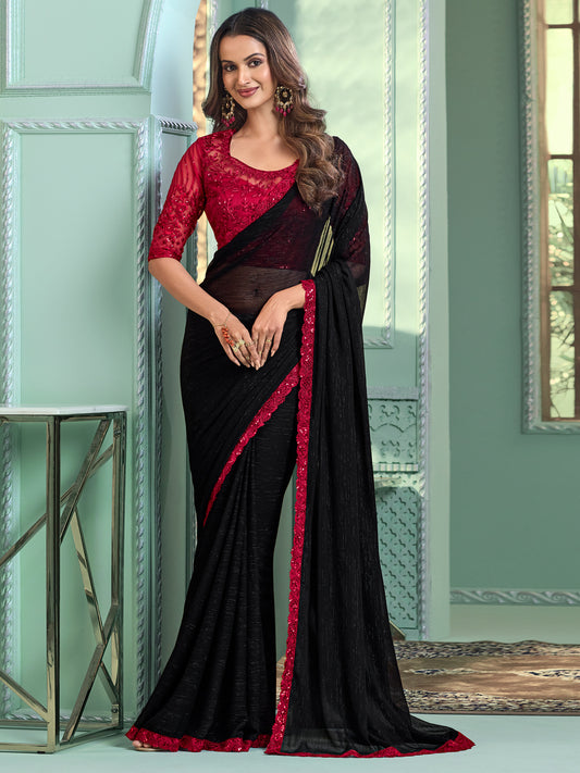 Women's Chiffon Black Embellished Designer Saree With Blouse Piece