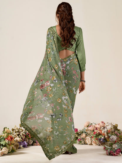 Women's Georgette Olive Embellished Designer Saree With Blouse Piece