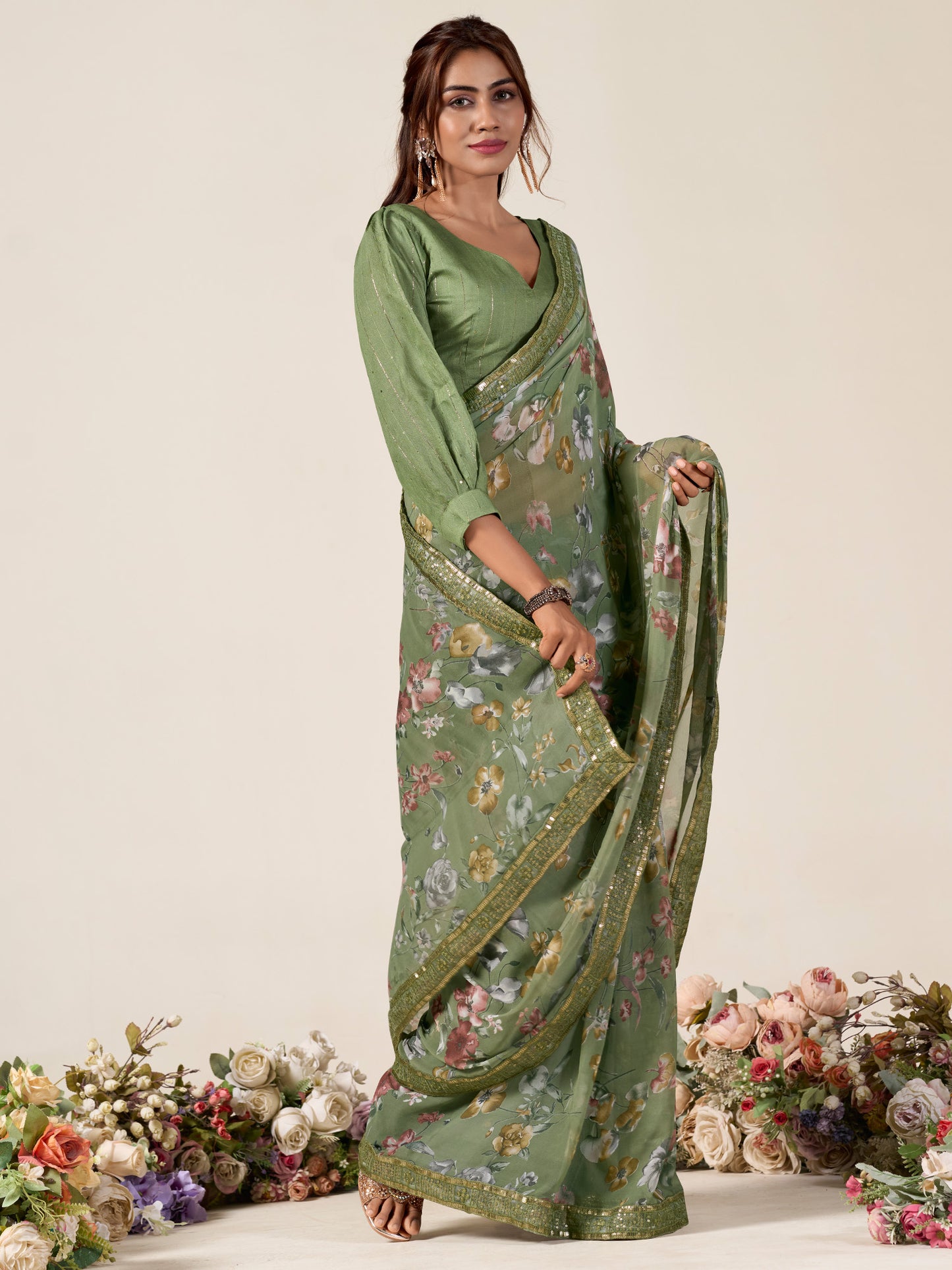 Women's Georgette Olive Embellished Designer Saree With Blouse Piece