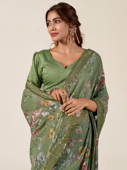 Women's Georgette Olive Embellished Designer Saree With Blouse Piece