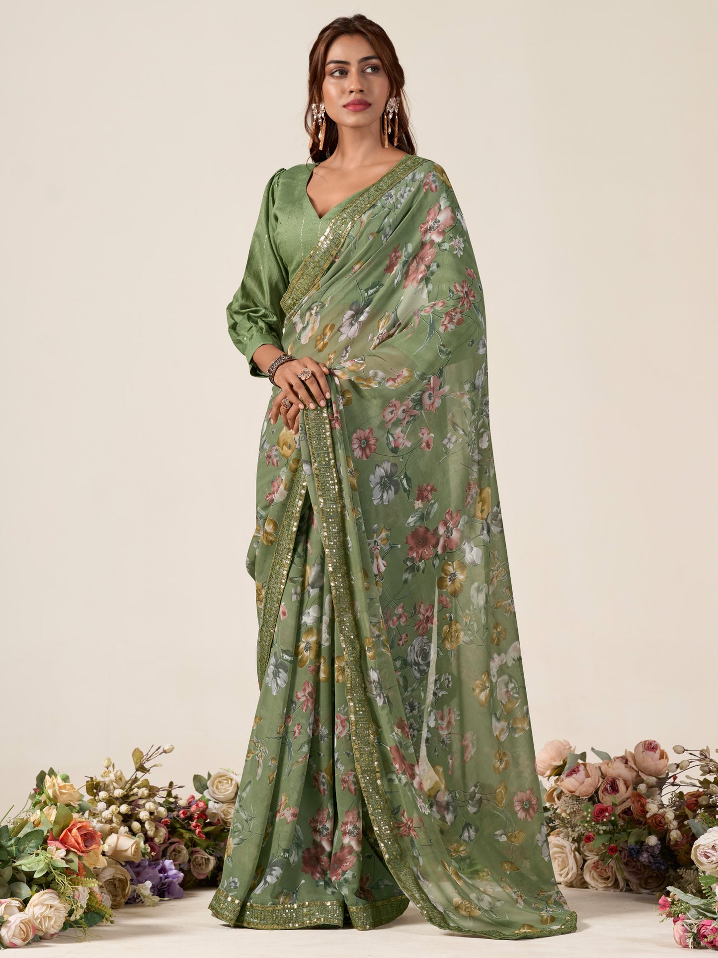 Women's Georgette Olive Embellished Designer Saree With Blouse Piece