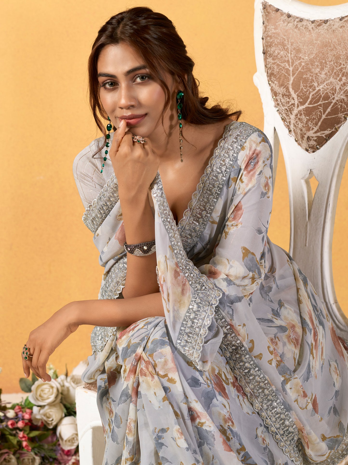 Women's Georgette Grey Embellished Designer Saree With Blouse Piece