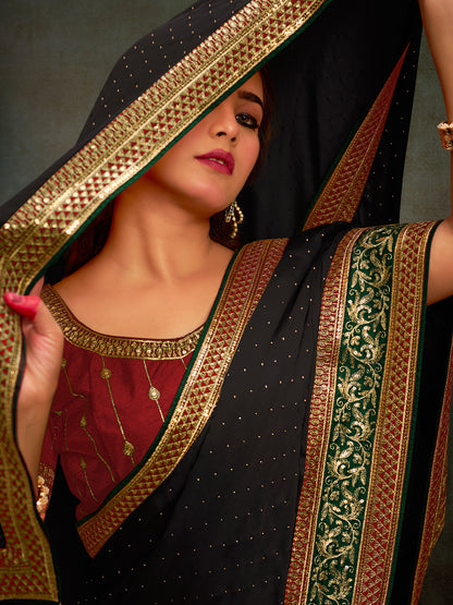 Women's Satin Silk Maroon Embroidered Designer Saree With Blouse Piece