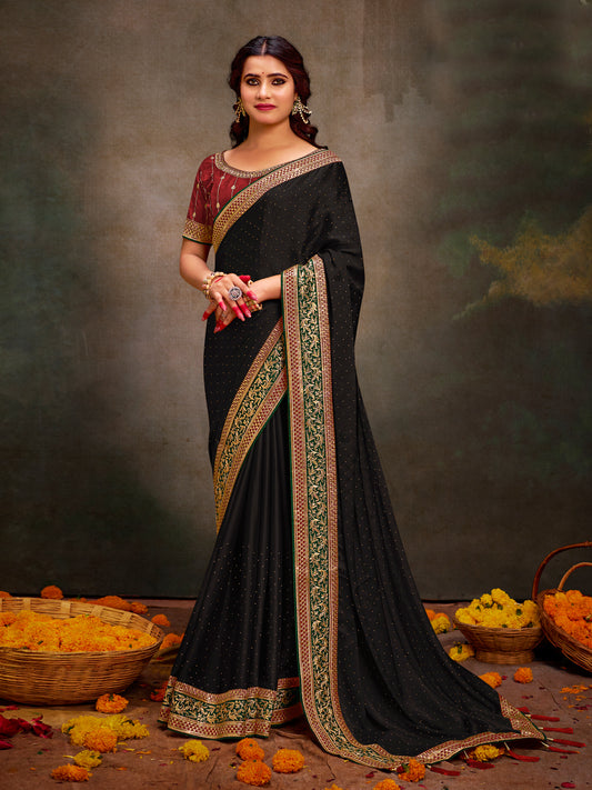Women's Satin Silk Maroon Embroidered Designer Saree With Blouse Piece