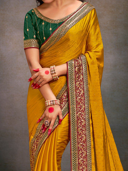 Women's Satin Silk Green Embroidered Designer Saree With Blouse Piece