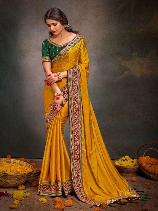Women's Satin Silk Green Embroidered Designer Saree With Blouse Piece