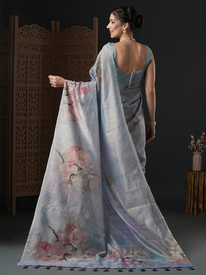 Women's Organza Metallic Printed Designer Saree With Blouse Piece