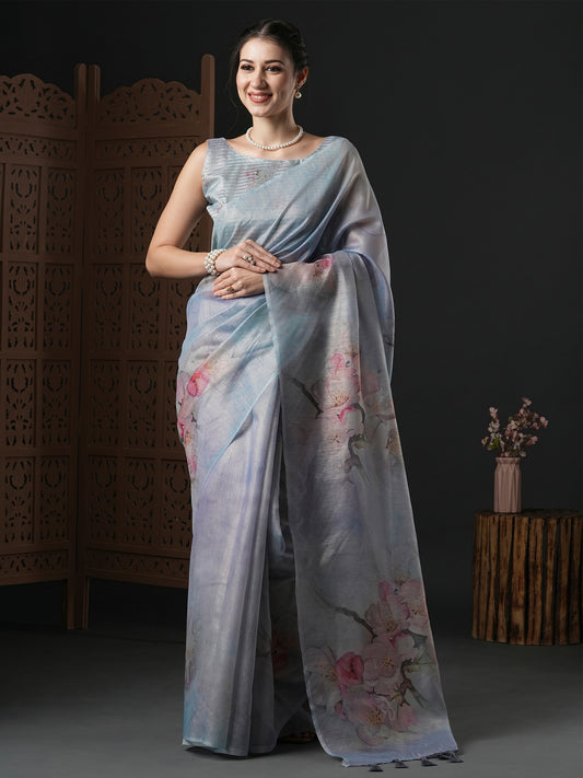 Women's Organza Metallic Printed Designer Saree With Blouse Piece