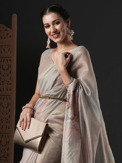 Women's Organza Beige Printed Designer Saree With Blouse Piece