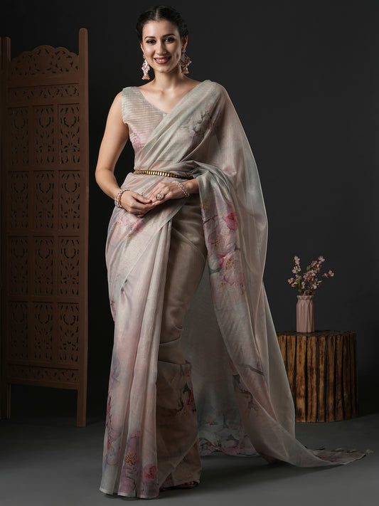 Women's Organza Beige Printed Designer Saree With Blouse Piece