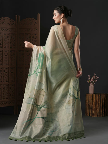 Women's Organza Light Green Printed Designer Saree With Blouse Piece