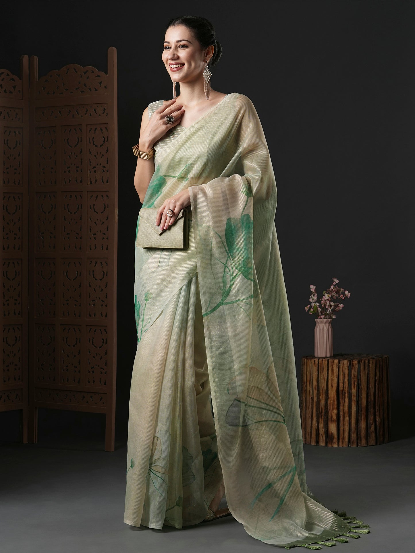 Women's Organza Light Green Printed Designer Saree With Blouse Piece