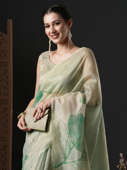 Women's Organza Light Green Printed Designer Saree With Blouse Piece