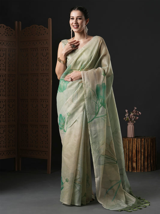 Women's Organza Light Green Printed Designer Saree With Blouse Piece