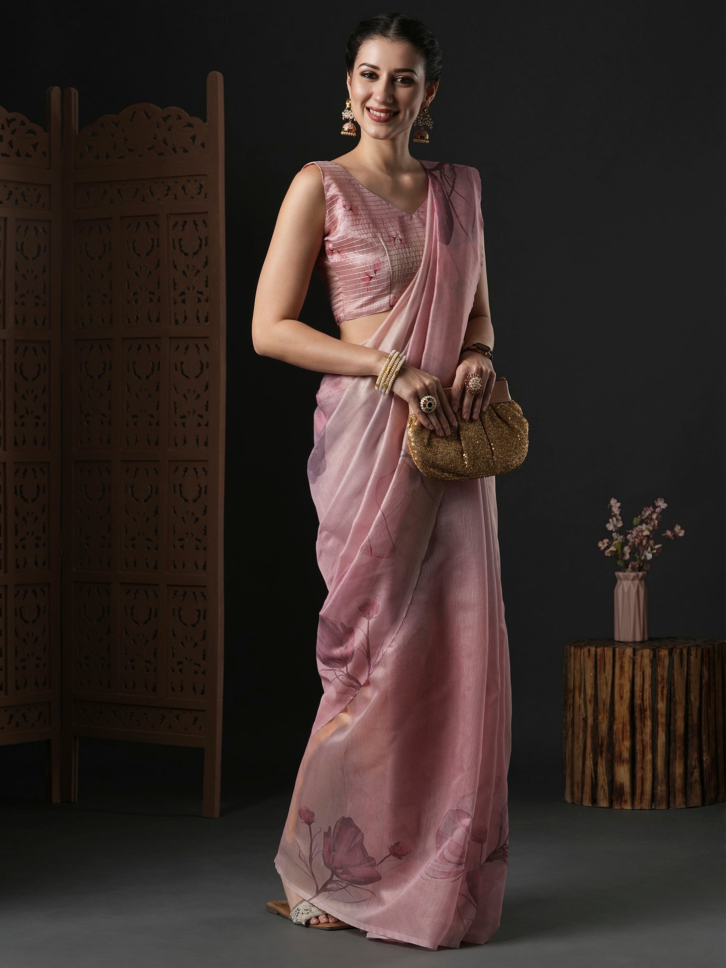 Women's Organza Pink Printed Designer Saree With Blouse Piece
