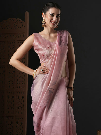 Women's Organza Pink Printed Designer Saree With Blouse Piece