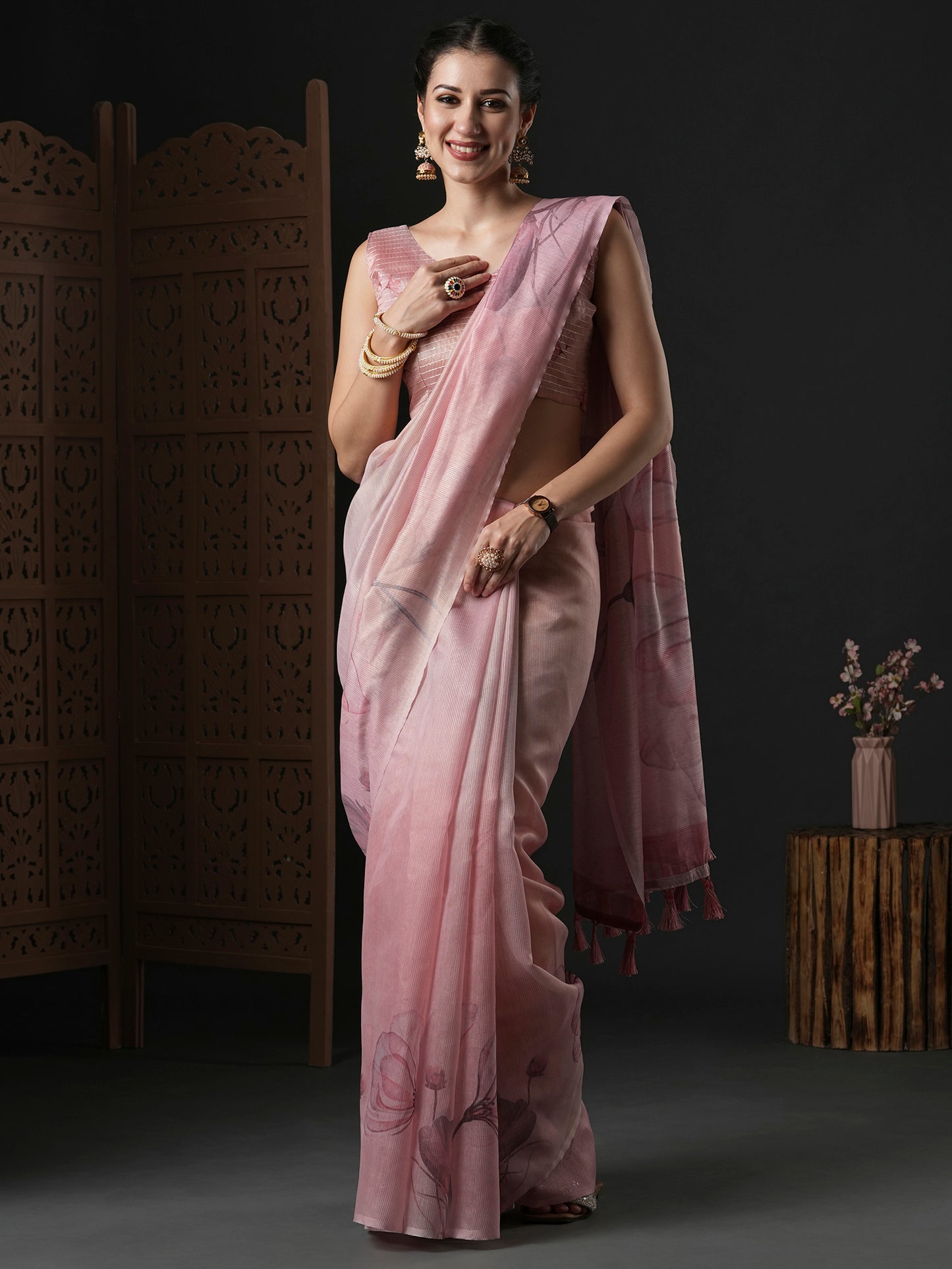Women's Organza Pink Printed Designer Saree With Blouse Piece