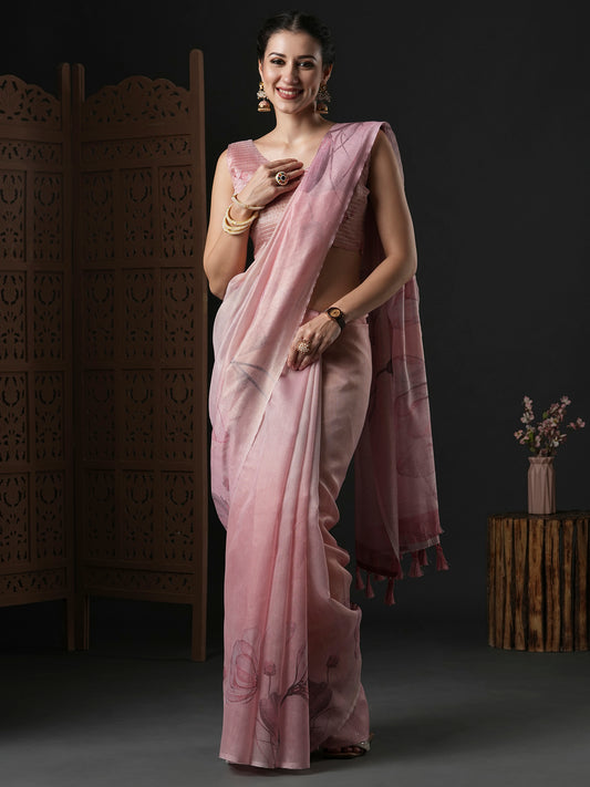Women's Organza Pink Printed Designer Saree With Blouse Piece