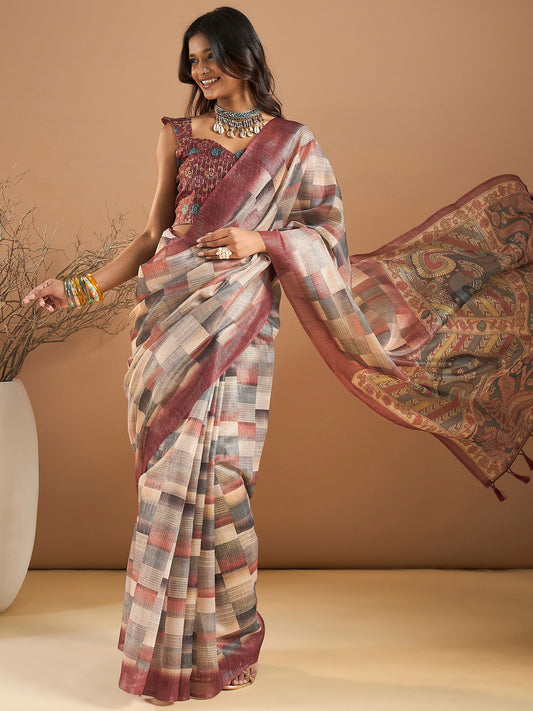 Women's Organza Multicolored Printed Designer Saree With Blouse Piece