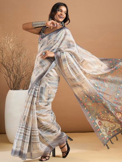 Women's Organza Off White Printed Designer Saree With Blouse Piece