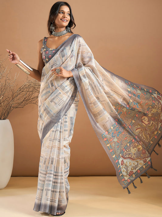 Women's Organza Off White Printed Designer Saree With Blouse Piece