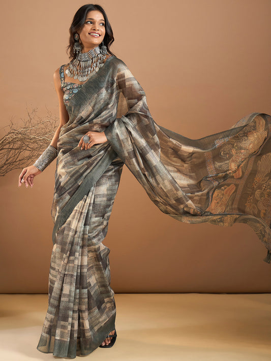 Women's Organza Sea Green Printed Designer Saree With Blouse Piece