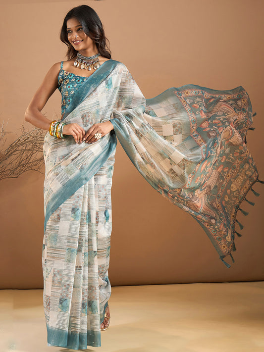 Women's Organza Light Blue Printed Designer Saree With Blouse Piece