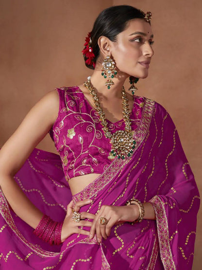 Women's Chiffon Pink Embellished Designer Saree With Blouse Piece