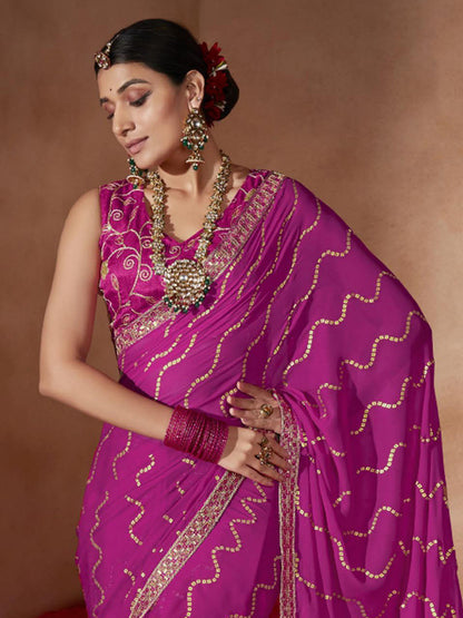 Women's Chiffon Pink Embellished Designer Saree With Blouse Piece