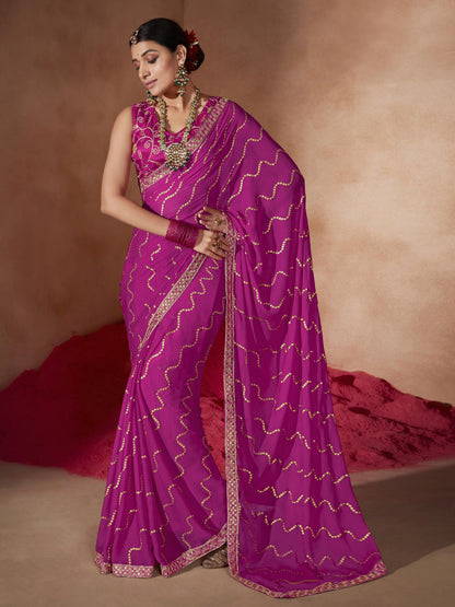 Women's Chiffon Pink Embellished Designer Saree With Blouse Piece