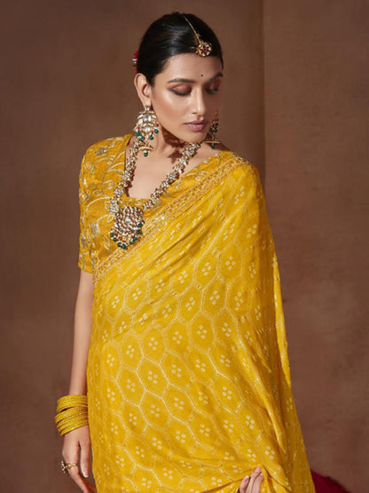 Women's Chiffon Yellow Embellished Designer Saree With Blouse Piece