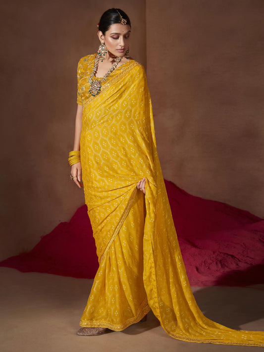 Women's Chiffon Yellow Embellished Designer Saree With Blouse Piece