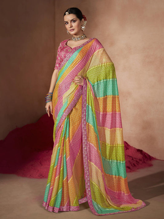 Women's Chiffon Multicolored Embellished Designer Saree With Blouse Piece