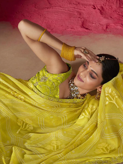 Women's Chiffon Lemon Yellow Embellished Designer Saree With Blouse Piece